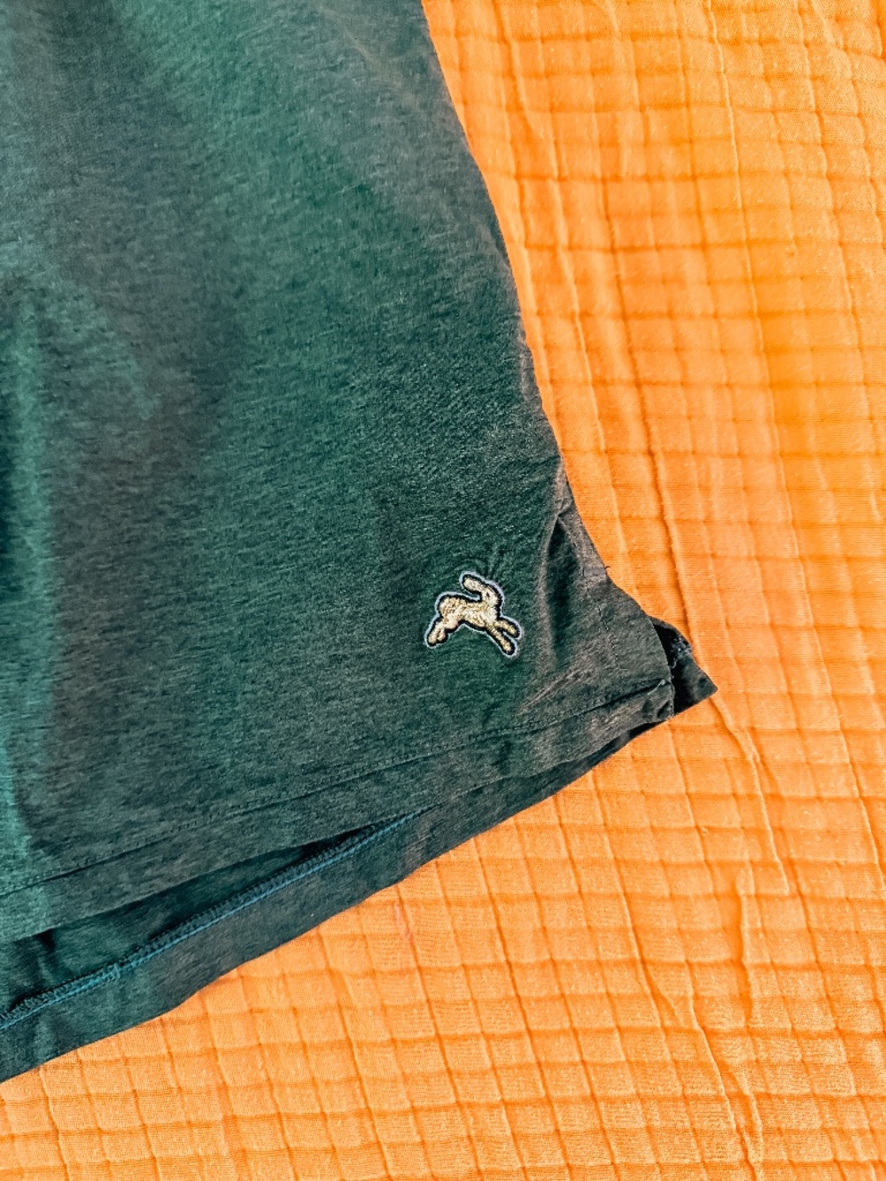 Men's Tracksmith running shorts, green, likely a medium
